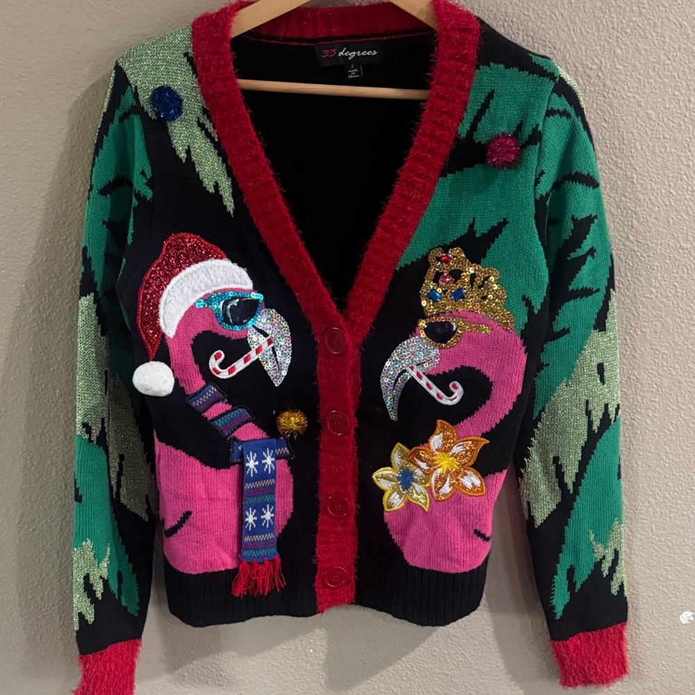 32 Degrees Holiday Flamingo Cardigan - Black, Green, Pink